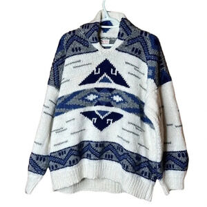 Hand made authentic knitted sweater size XL blue and white winter top outerwear